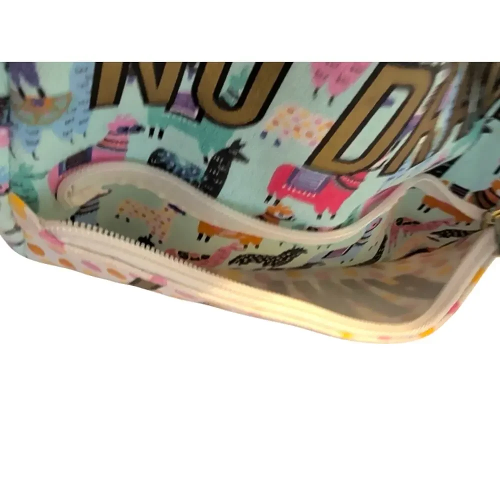 No Drama Llama Canvas Wristlet Light Teal Llama Print Dual Zipper Pouch